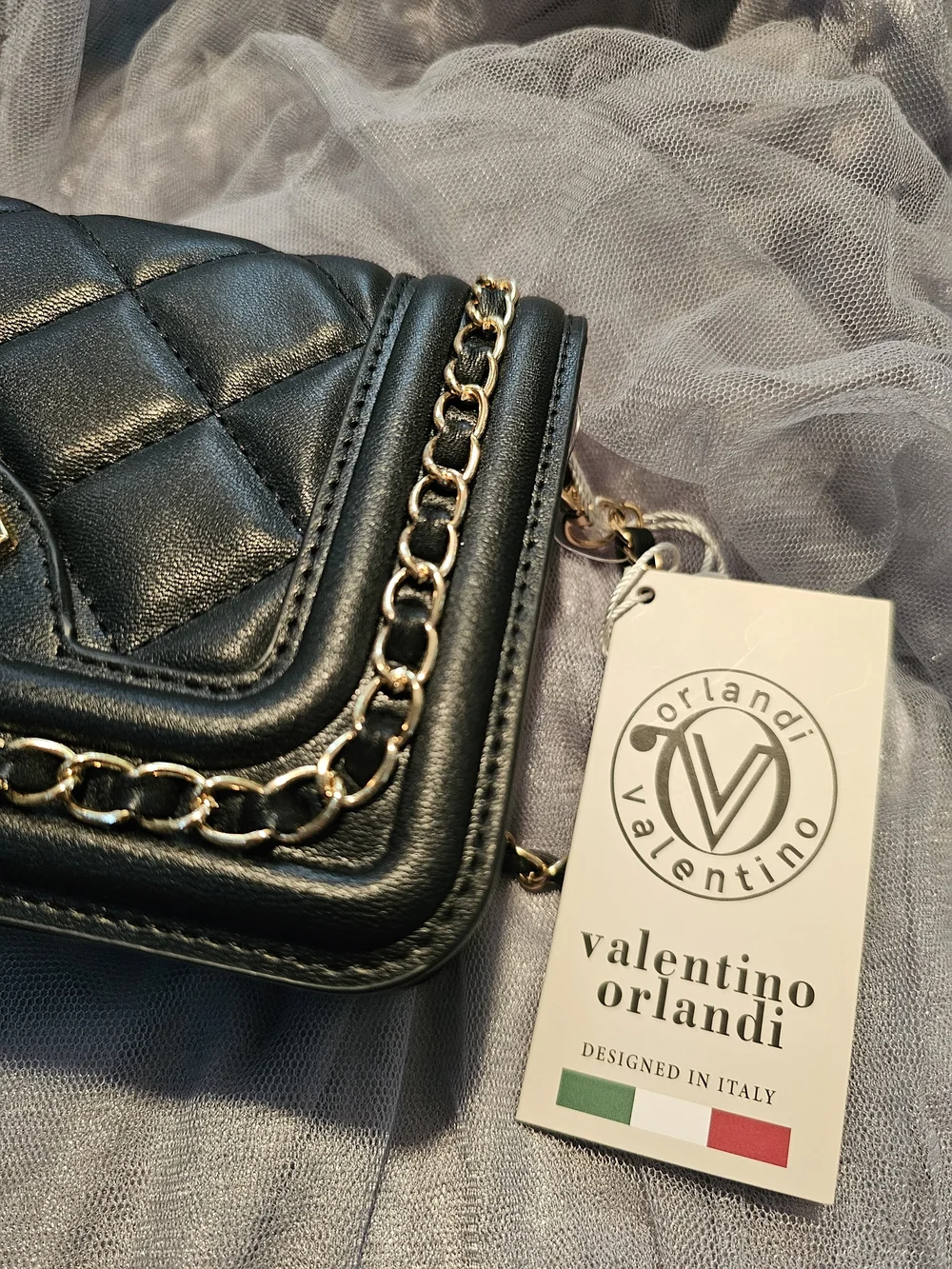 Valentino Orlandi Black Quilted Crossbody with Gold Chain Strap